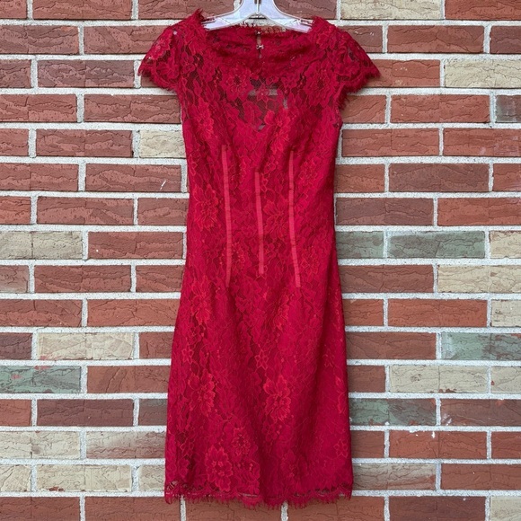 Monique Lhuillier Sweet Candy Apple Red Lace Open Back Midi Sheath Dress